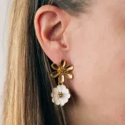 22mm flower pendant with epoxy resin - 304L stainless steel - Gold - Pink x1