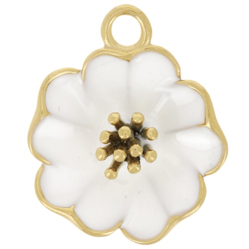 22mm flower pendant with epoxy resin - 304L stainless steel - Gold - White x1