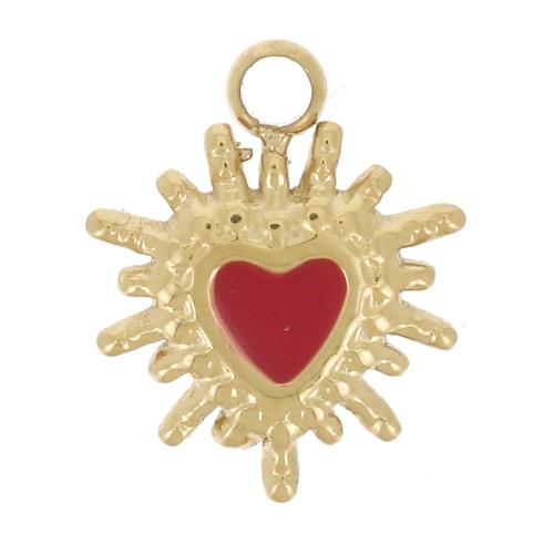 9x7mm 304L stainless steel Heart charm Ex-voto epoxy resin - Gold - Red x1