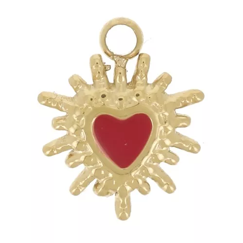 9x7mm 304L stainless steel Heart charm Ex-voto epoxy resin - Gold - Red x1