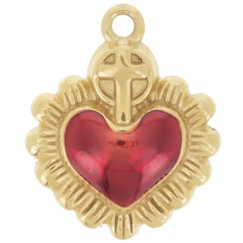 22x18mm Stainless steel 304L Ex-Voto Heart pendant epoxy resin - Gold - Red x1