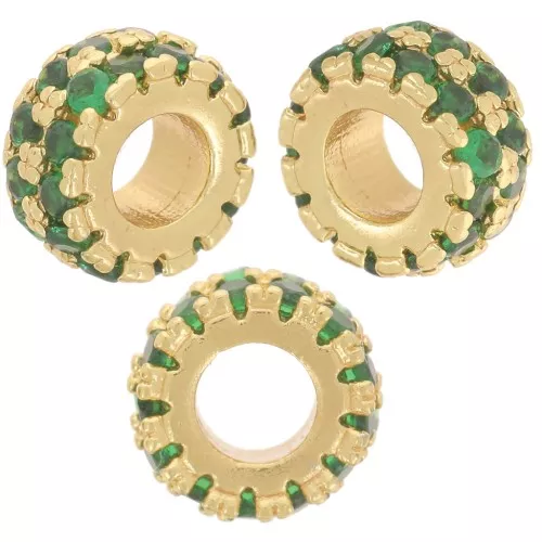 8mm rondelle bead with Zirconium Oxides - Fine gold plated - Green x1