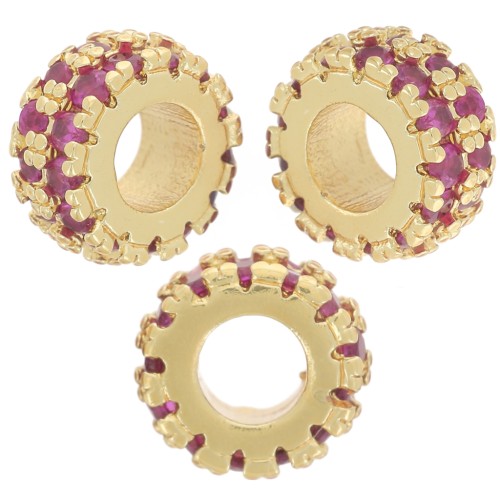 8mm rondelle bead with Zirconium Oxides - Fine gold plated - Fuchsia x1