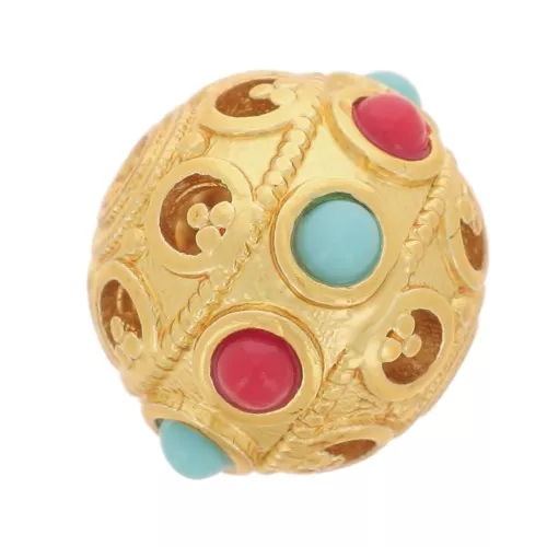 9.5x8mm Flattened round bead with imitation gem - Fine gold plated x1