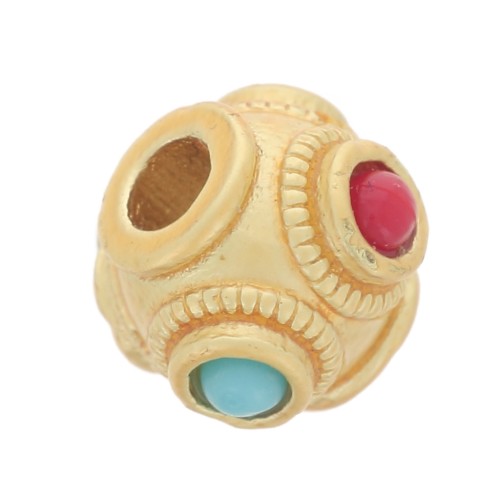 6x8mm Flattened round bead with imitation gemstones - Fine gold plated x1