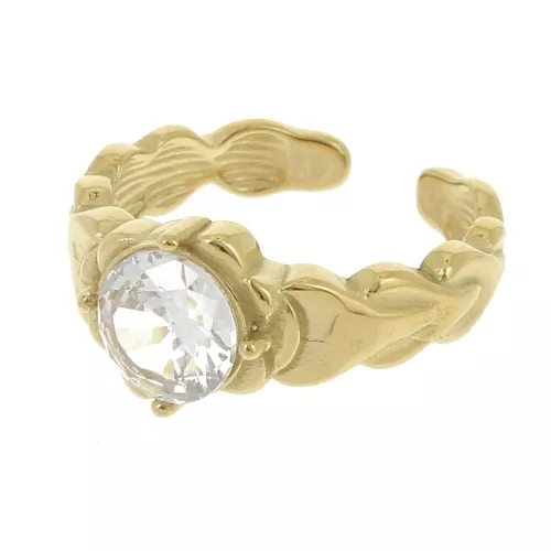 T304L st. steel 57 braided effect ring with glass cabochon - Gold - Crystal x1