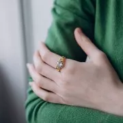 T304L st. steel 57 braided effect ring with glass cabochon - Gold - Crystal x1