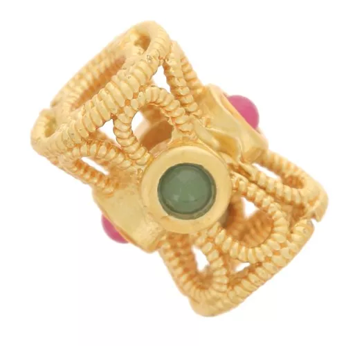 9x7mm textured openwork tube bead with imitation gemstones - Fine gold plated x1