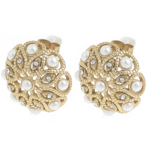 19mm rosette earstuds with rhinestones and imitation mother-of-pearl - 304L gold-plated stainless steel x2
