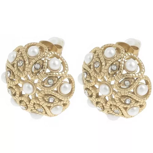 19mm rosette earstuds with rhinestones and imitation mother-of-pearl - 304L gold-plated stainless steel x2