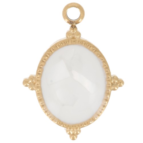 18x13mm 304L stainless steel Oval pendant with epoxy resin - Gold - White x1