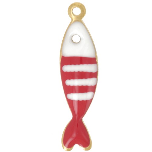 18.5x5mm 304L stainless steel Striped fish charm in epoxy resin - Red x1