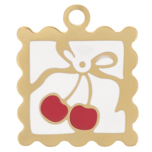 19.5x16mm St. steel 304L Charm mini frame cherry pattern - epoxy resin - Gold x1
