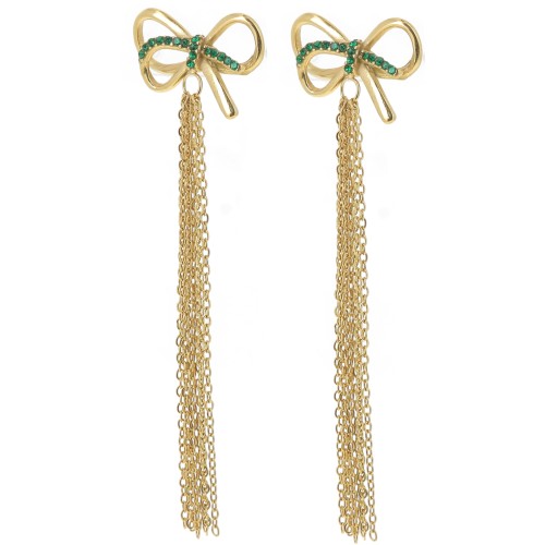 70x20mm 304L stainless steel dangling bow earrings with CZ - Gold - Green x2