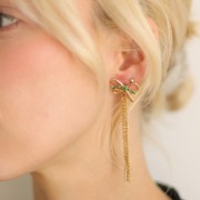 70x20mm 304L stainless steel dangling bow earrings with CZ - Gold - Green x2