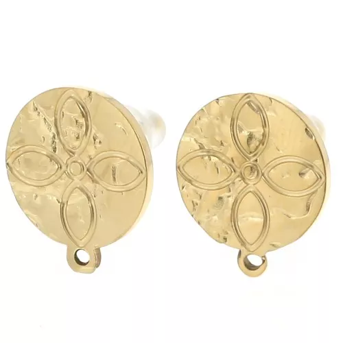 12mm 304L stainless steel Round hammered earstuds - rosette pattern - Gold x2