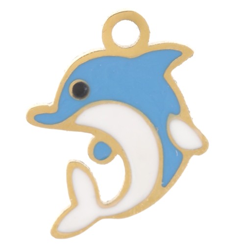 9x7mm 304L Stainless Steel Dolphin Charm - Epoxy Resin - Gold - Blue x1