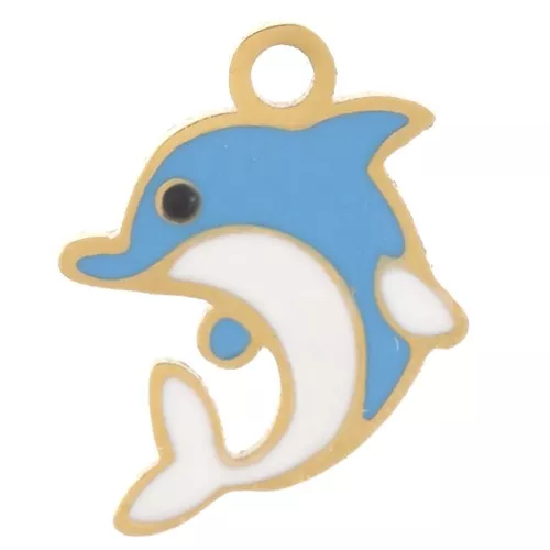 9x7mm 304L Stainless Steel Dolphin Charm - Epoxy Resin - Gold - Blue x1