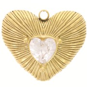 19x22.5mm 304L stainless steel Ribbed heart pendant with rhinestones - Gold x1|raw }}