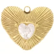 19x22.5mm 304L stainless steel Ribbed heart pendant with rhinestones - Gold x1