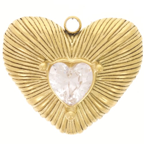 19x22.5mm 304L stainless steel Ribbed heart pendant with rhinestones - Gold x1