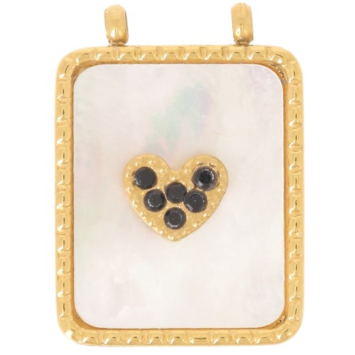 19x14 mm hammered rectangle pendant with mother-of-pearl and CZ - 304L Gold-plated stainless steel x1