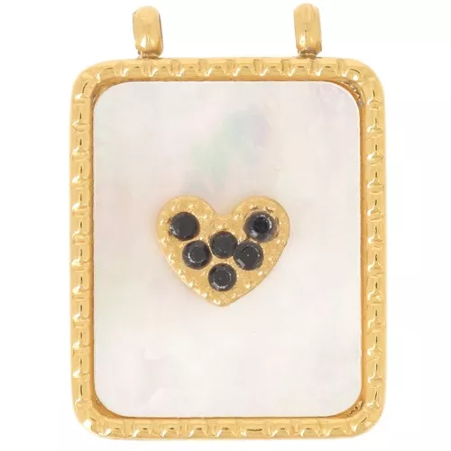 19x14 mm hammered rectangle pendant with mother-of-pearl and CZ - 304L Gold-plated stainless steel x1