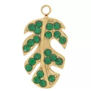 15x8mm 304L stainless steel Leaf charm with rhinestones - Green x1