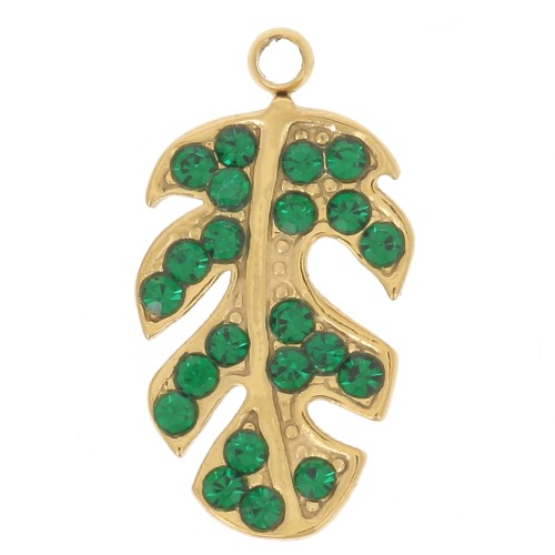 15x8mm 304L stainless steel Leaf charm with rhinestones - Green x1
