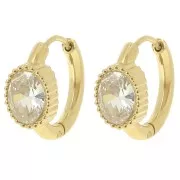 16mm St. steel 304L Round hoop earrings - oval cabochon zirconium oxide - Gold x2