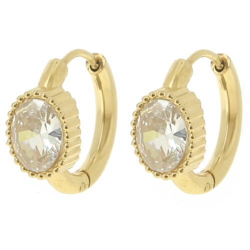 16mm St. steel 304L Round hoop earrings - oval cabochon zirconium oxide - Gold x2