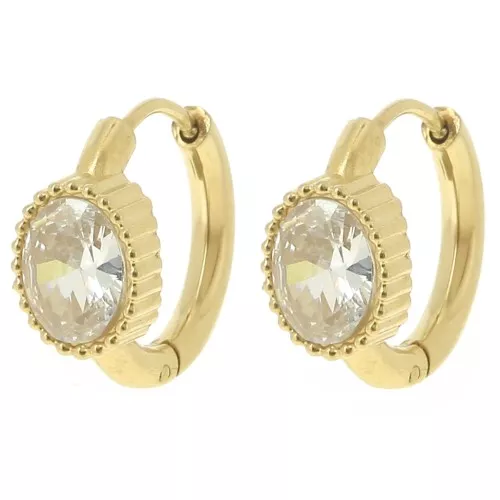 16mm St. steel 304L Round hoop earrings - oval cabochon zirconium oxide - Gold x2