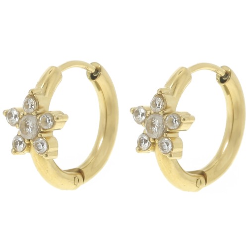 16mm St. steel 304L Round hoop earrings with zirconium oxide flower - Gold x2
