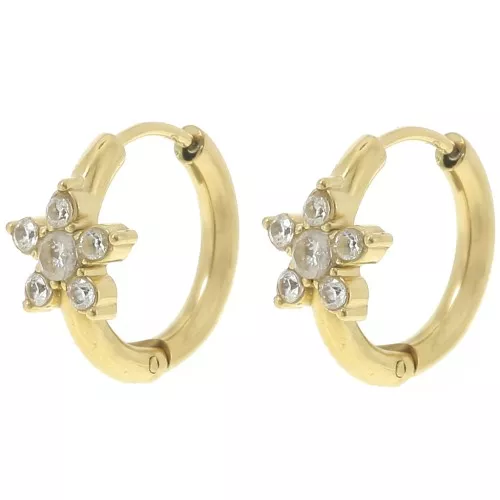 16mm St. steel 304L Round hoop earrings with zirconium oxide flower - Gold x2