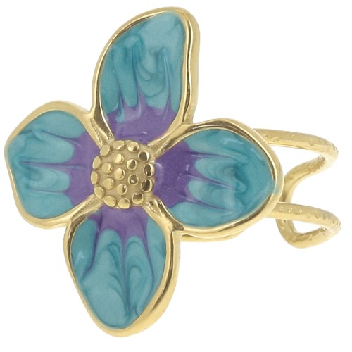 23x21mm 304L stainless steel Flower ring with epoxy resin - Blue pearl - Gold x1