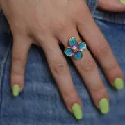 23x21mm 304L stainless steel Flower ring with epoxy resin - Blue pearl - Gold x1