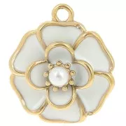 20mm flower pendant with imitation mother-of-pearl bead - 304L gold-plated stainless steel - White x1