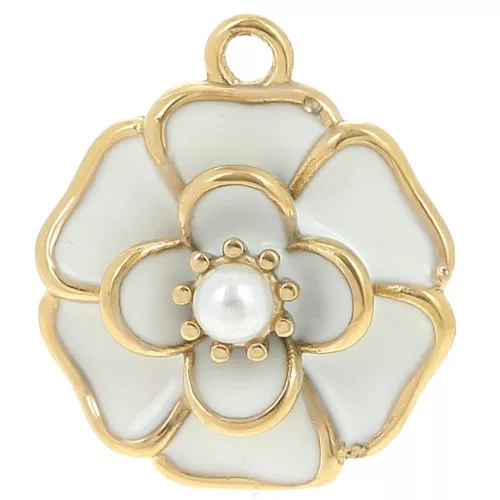 20mm flower pendant with imitation mother-of-pearl bead - 304L gold-plated stainless steel - White x1