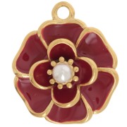 20mm flower pendant with imitation mother-of-pearl bead - 304L gold-plated stainless steel - Red x1|raw }}