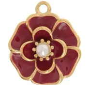 20mm flower pendant with imitation mother-of-pearl bead - 304L gold-plated stainless steel - Red x1