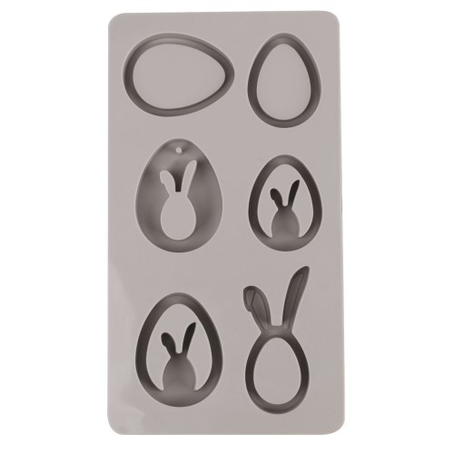26x14.5cm Silicone mould - 6 shapes Eggs and Rabbit Pendant - Grey x1