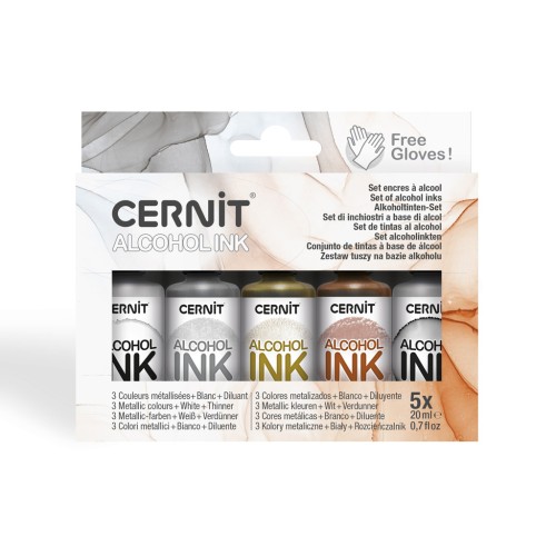 Cernit Alcohol Ink Set - Metallic colors, white and thinner x5