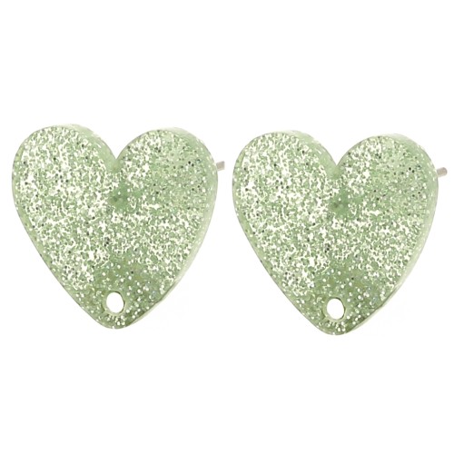 14x15.5mm Acrylic heart earstuds - Moss green glitter x2
