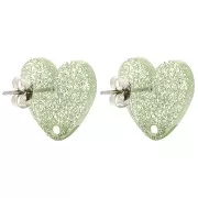 14x15.5mm Acrylic heart earstuds - Moss green glitter x2