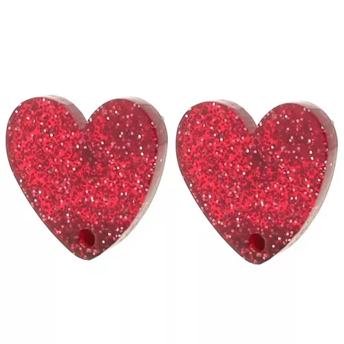14x15.5mm Acrylic heart earstuds - Red glitter x2