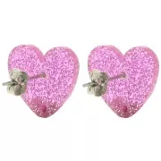 14x15.5mm Acrylic heart earstuds - Pink glitter x2