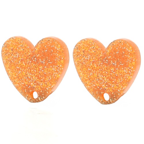 14x15.5mm Acrylic heart earstuds - Orange glitter x2