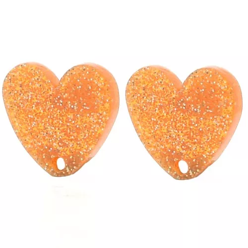 14x15.5mm Acrylic heart earstuds - Orange glitter x2