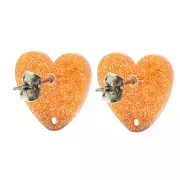14x15.5mm Acrylic heart earstuds - Orange glitter x2