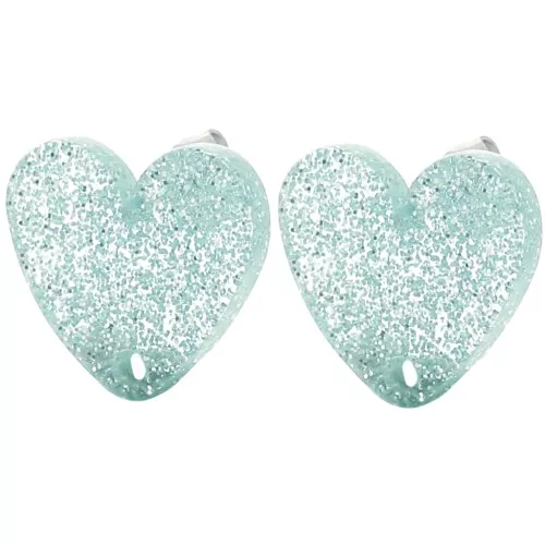 14x15.5mm Acrylic heart earstuds - Blue frosted glitter x2